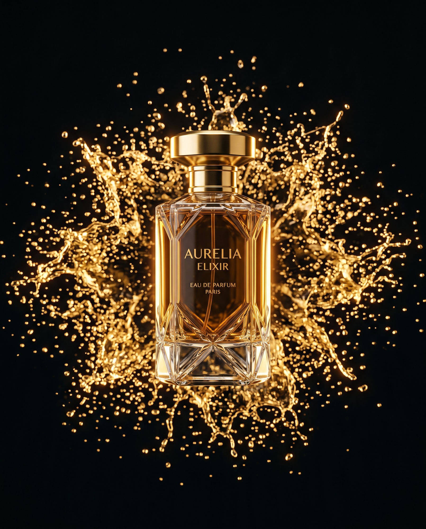 Aurelia Elixir — flacon d'eau de parfum, packshot éditorial sur fond sombre