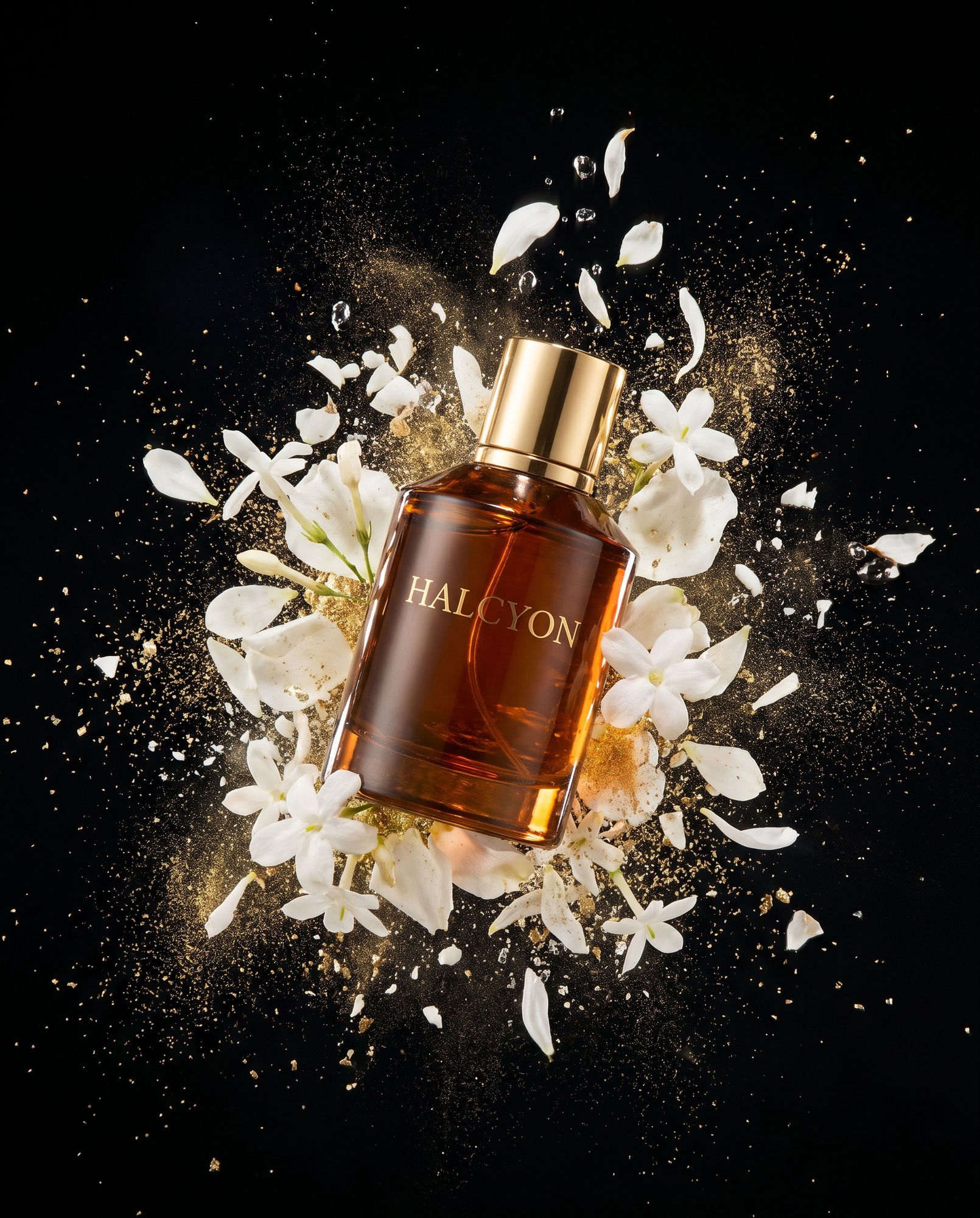 Halcyon — flacon de parfum entouré de pétales et d'or