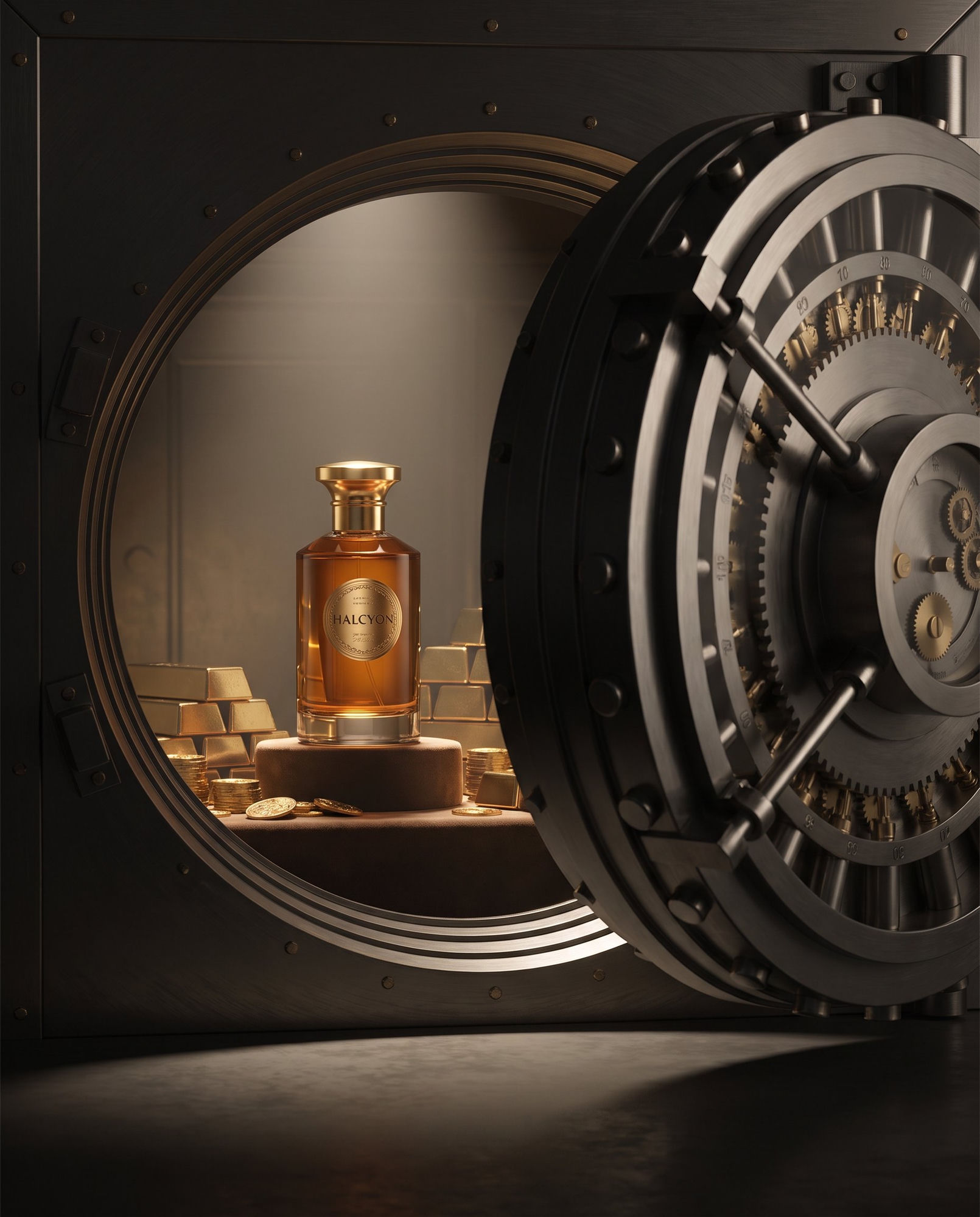 Halcyon — flacon de parfum présenté dans une chambre forte